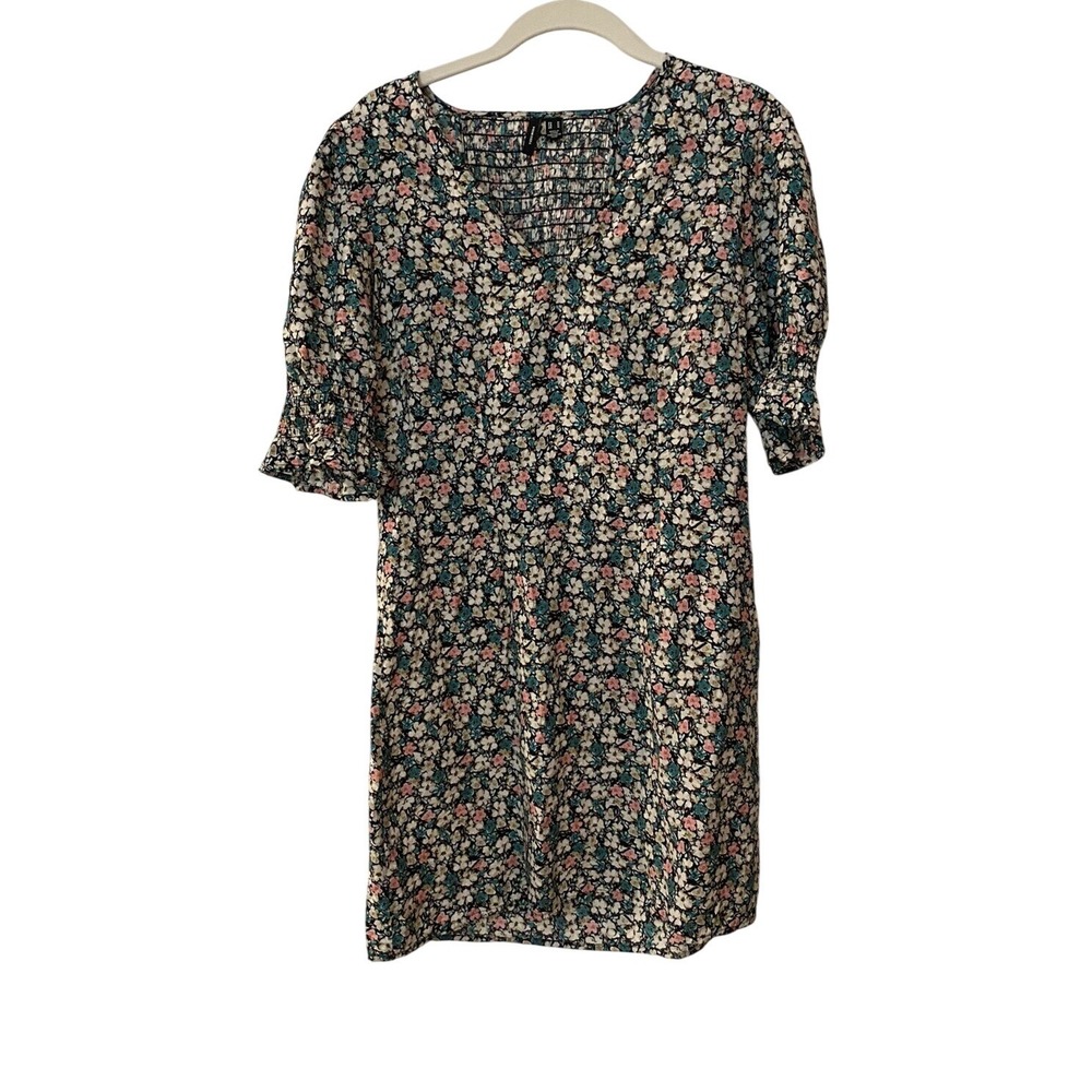 Vero Moda Ellie Floral Mini Dress M Women's Green Smocked Sleeve Cottagecore